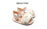 Baby pre-walk sandal embelished with fake fur and glitter canvas .  The fur was passed pulling test . This ideal shoes for protecting your baby girl's feet and also accomplish her first fashion look . 